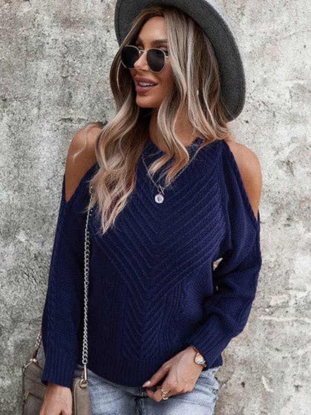 NWT Chic Shoulder Cutout Sweater Navy Blue Size Small